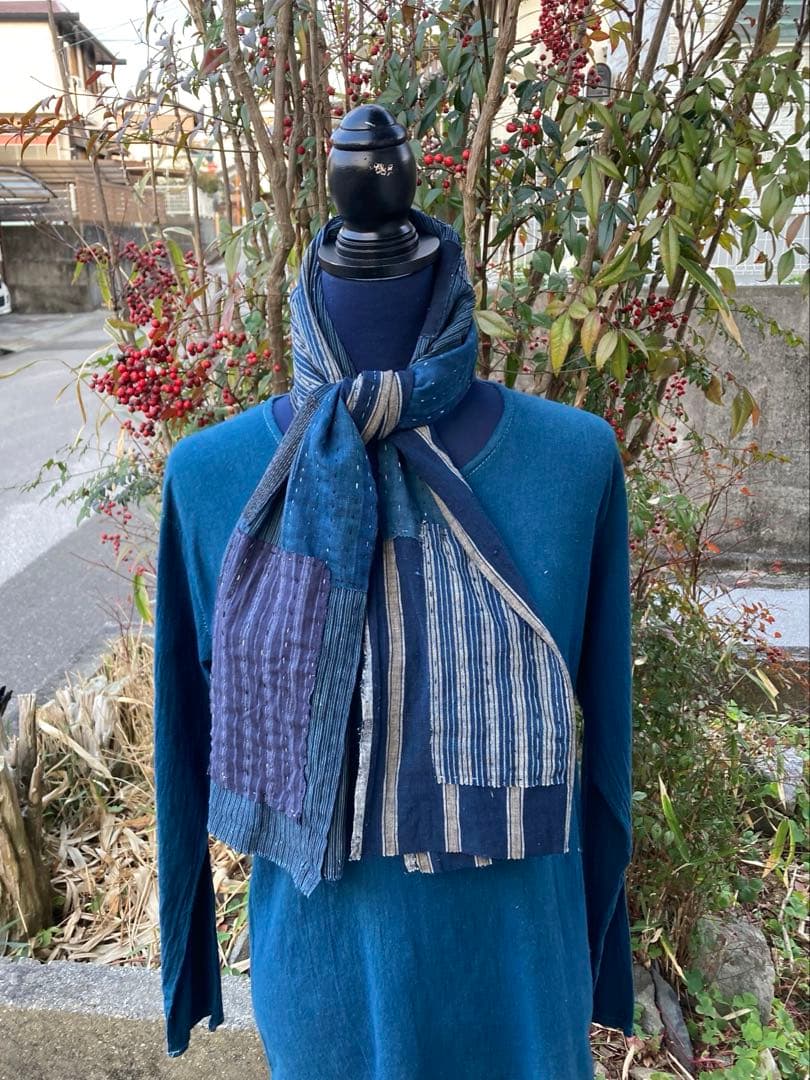 B39 襤褸　ストール　古布　リメイク　藍染　パッチワーク　継ぎ接ぎ　刺し子