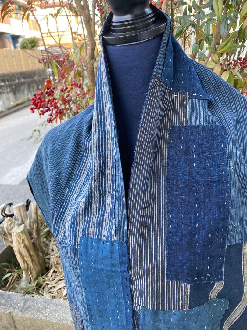 B39 襤褸　ストール　古布　リメイク　藍染　パッチワーク　継ぎ接ぎ　刺し子