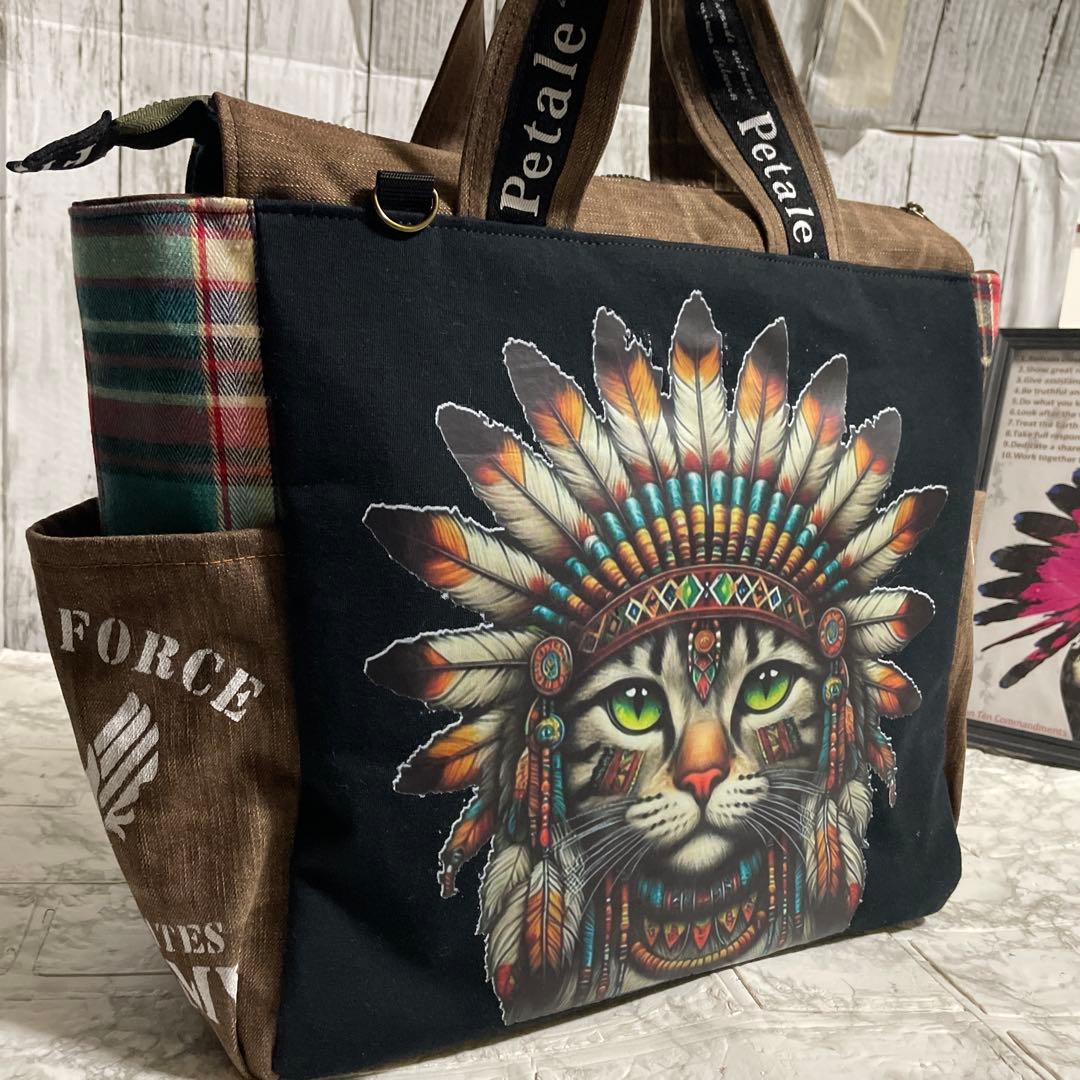 No.535 デニムリメイクバッグ　キャットインディアン