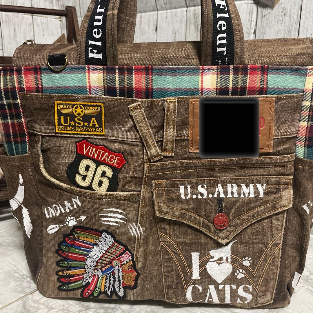 No.535 デニムリメイクバッグ　キャットインディアン