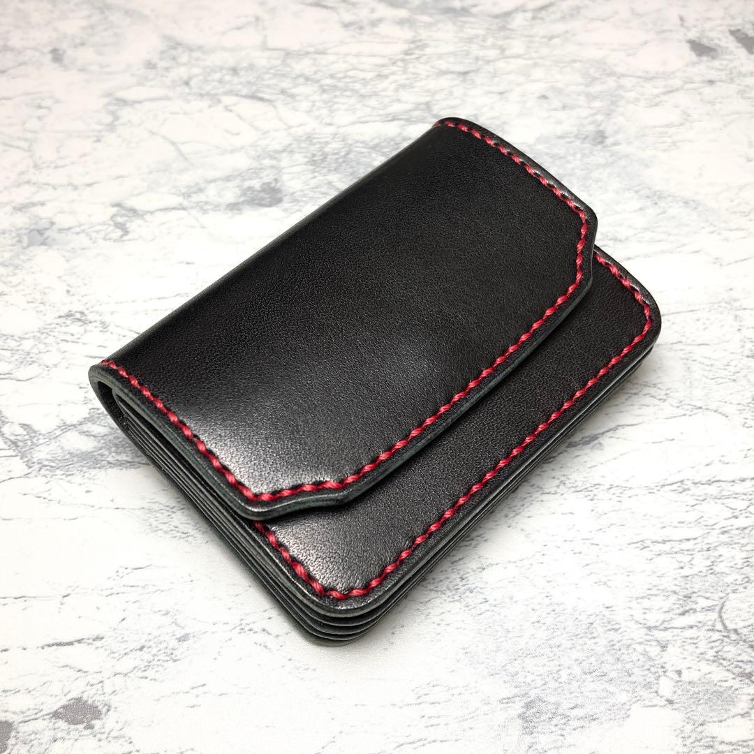 【総手縫い】本革 ミニ財布 栃木レザー 背面パスケース付 コンパクト財布 黒