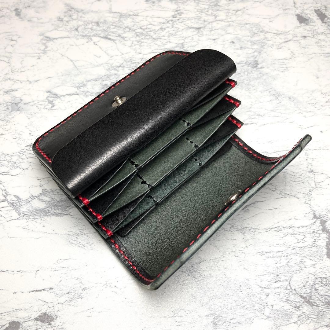 【総手縫い】本革 ミニ財布 栃木レザー 背面パスケース付 コンパクト財布 黒