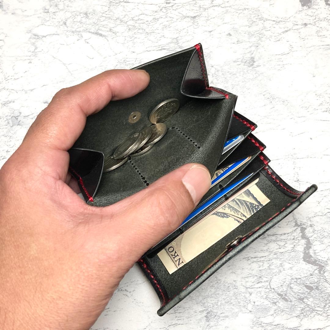 【総手縫い】本革 ミニ財布 栃木レザー 背面パスケース付 コンパクト財布 黒