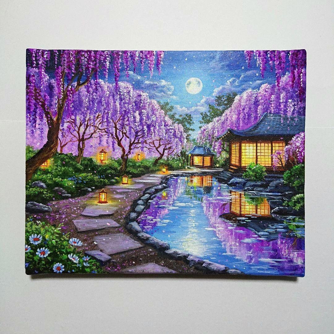 【月夜の藤】アクリル画 F3 風景画 絵画