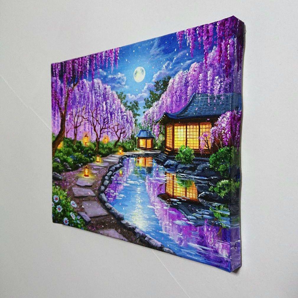 【月夜の藤】アクリル画 F3 風景画 絵画