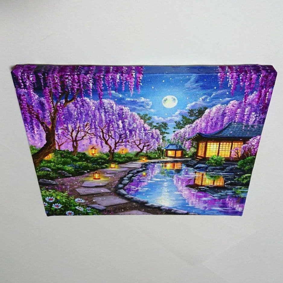 【月夜の藤】アクリル画 F3 風景画 絵画