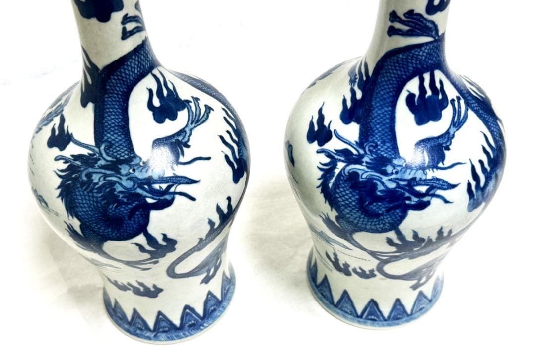 古美術 古染付双魚耳龍鳳凰文対瓶 青花 中国古玩 唐物 歴史有るWWTT231