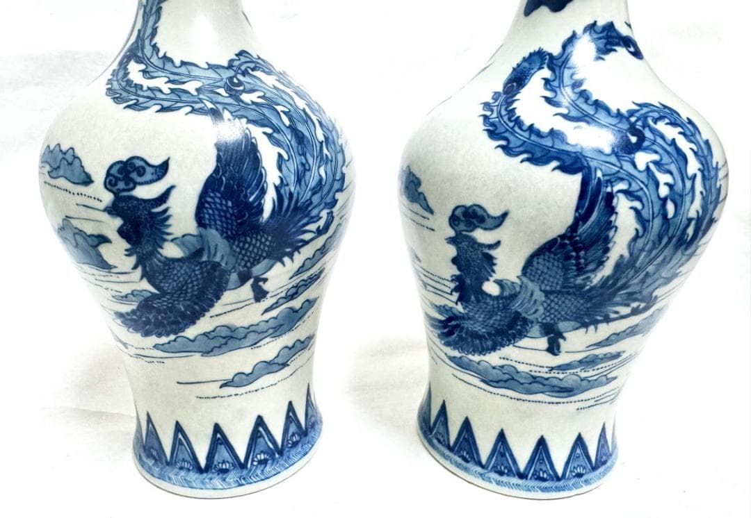 古美術 古染付双魚耳龍鳳凰文対瓶 青花 中国古玩 唐物 歴史有るWWTT231