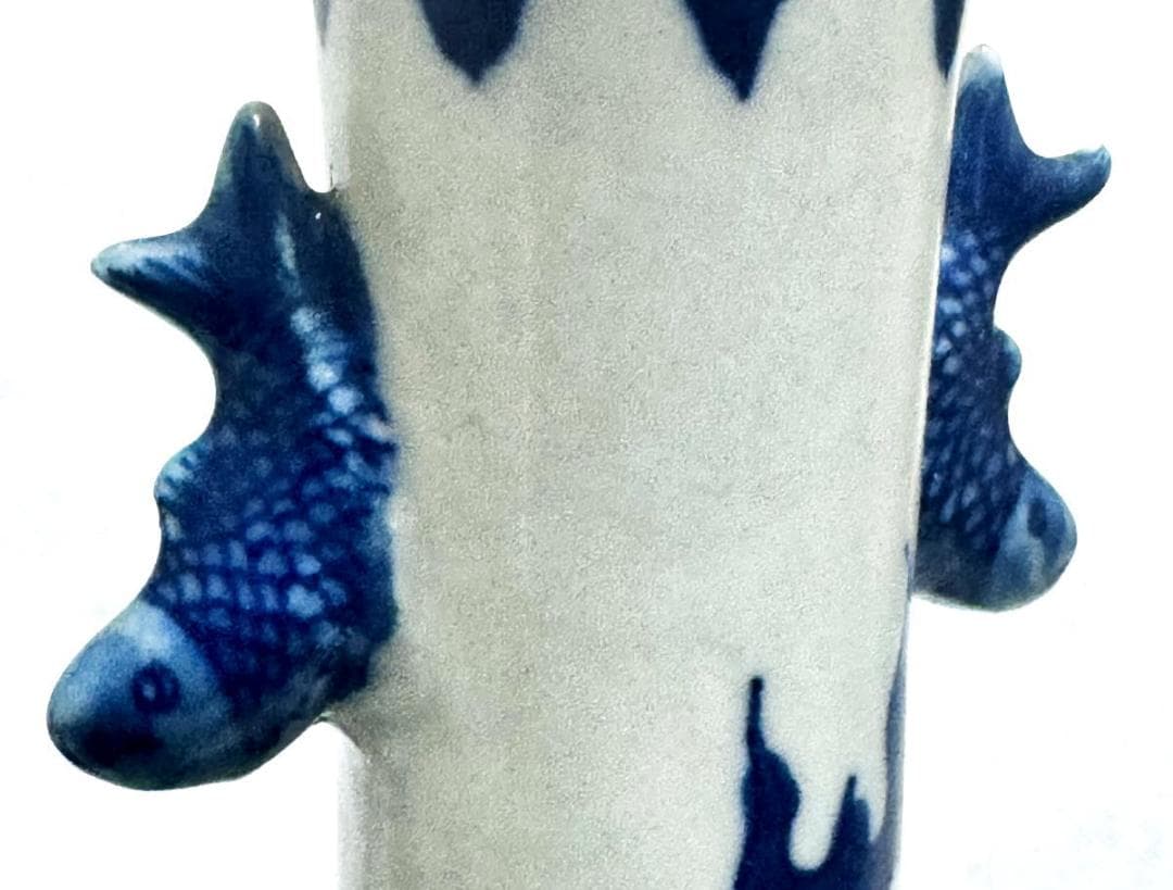 古美術 古染付双魚耳龍鳳凰文対瓶 青花 中国古玩 唐物 歴史有るWWTT231