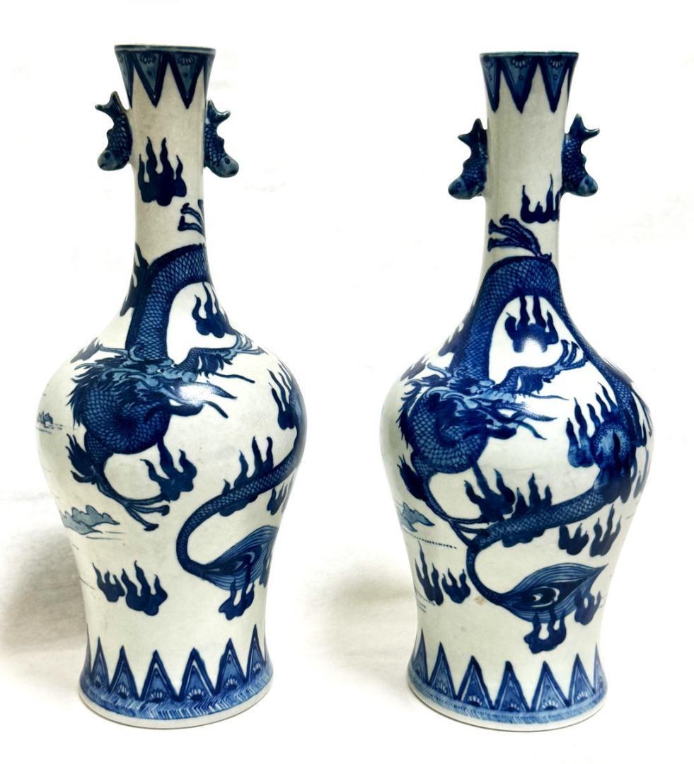 古美術 古染付双魚耳龍鳳凰文対瓶 青花 中国古玩 唐物 歴史有るWWTT231