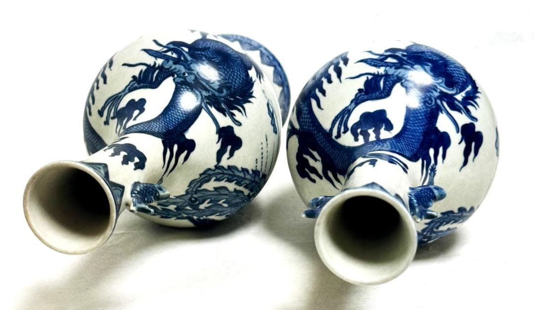 古美術 古染付双魚耳龍鳳凰文対瓶 青花 中国古玩 唐物 歴史有るWWTT231