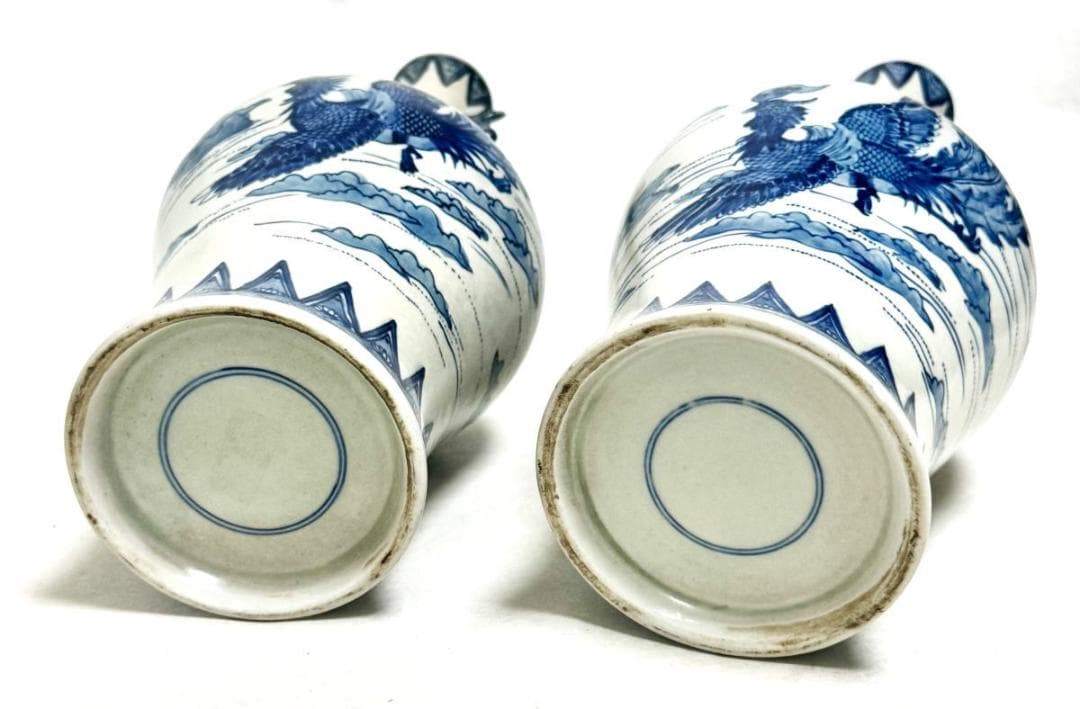 古美術 古染付双魚耳龍鳳凰文対瓶 青花 中国古玩 唐物 歴史有るWWTT231