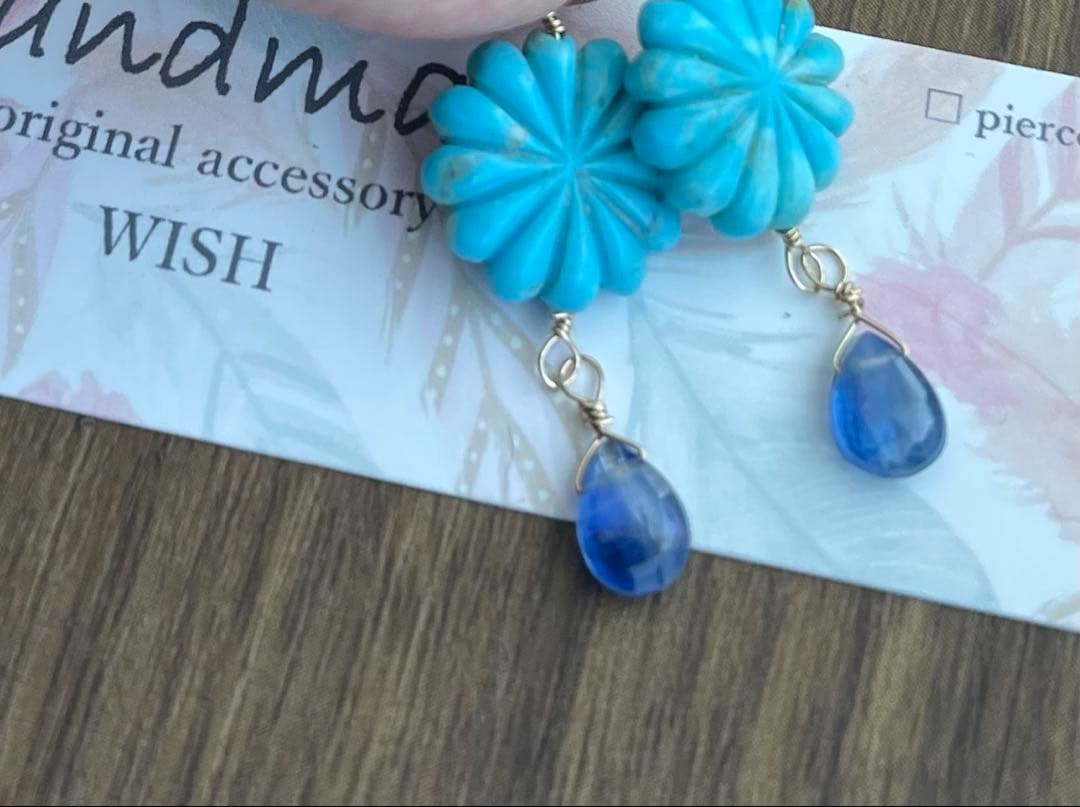 天然アリゾナターコイズフラワーカービング可愛いピアスチャーム2種
