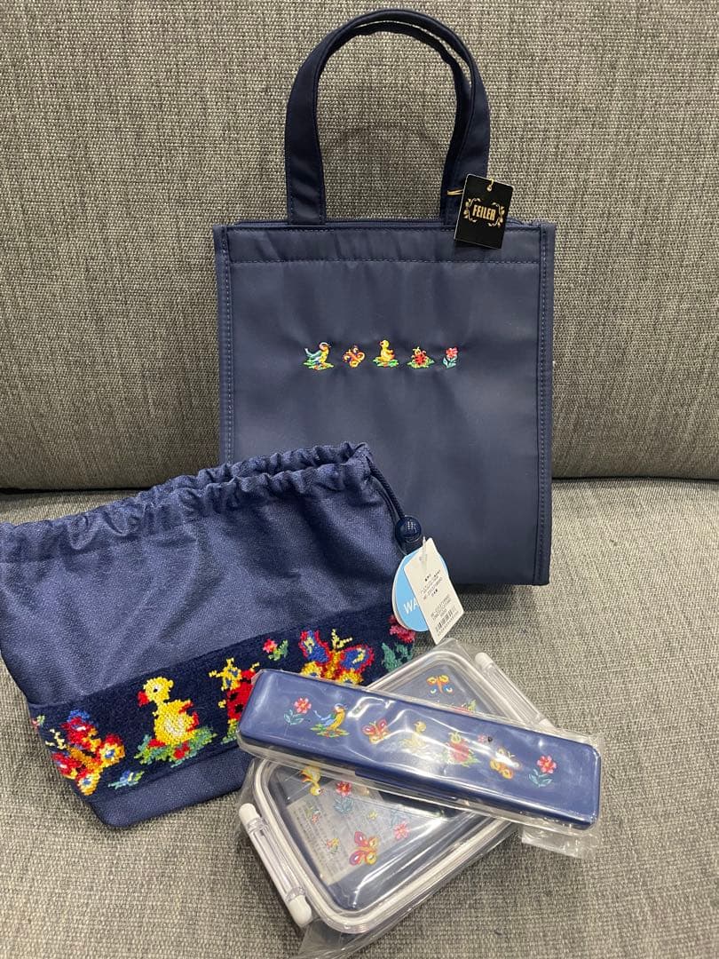 学校フェイラー　ネイビー刺繍ランチバッグセット②お弁当カトラリー
