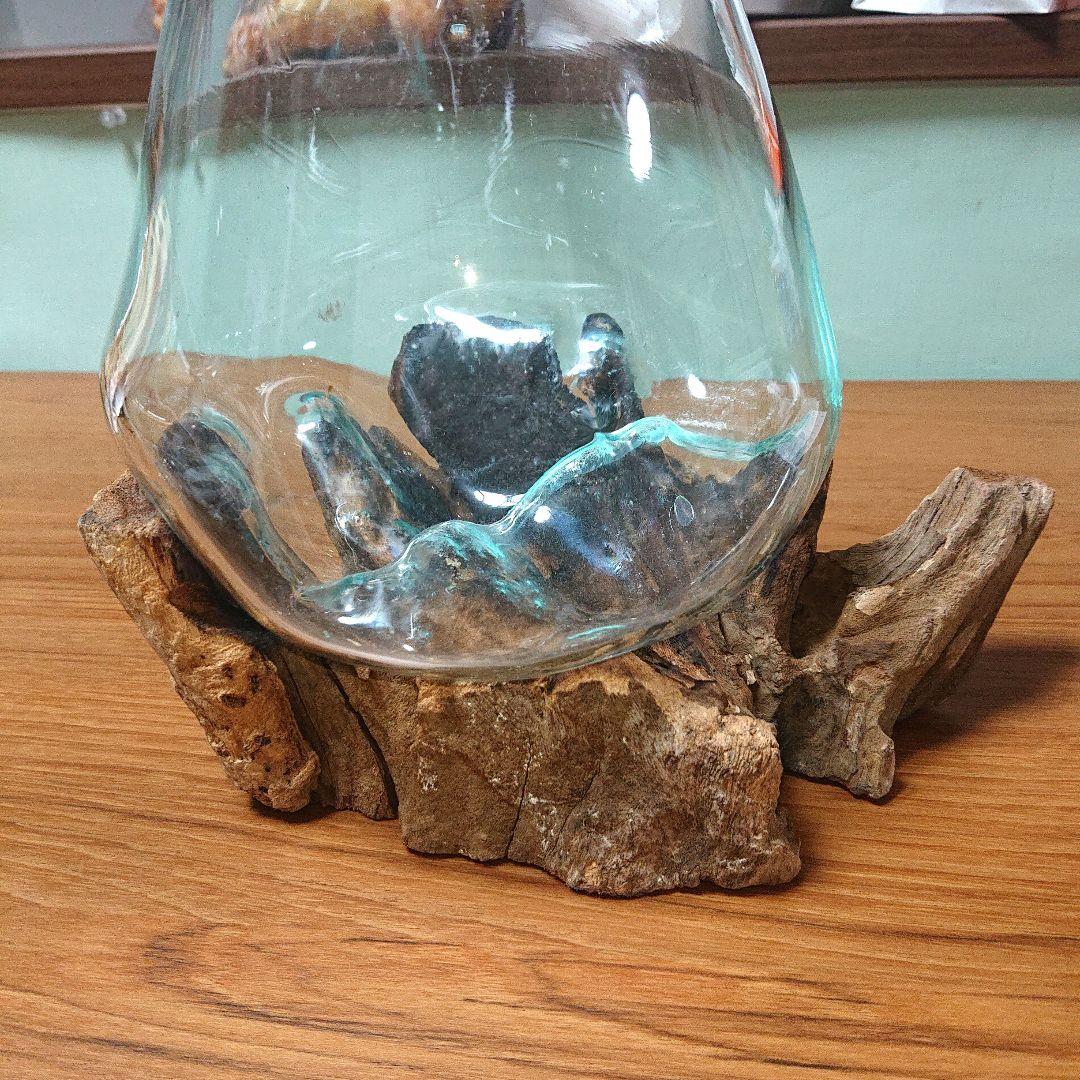 カフェ、喫茶店におすすめ！激レアハンドメイド花瓶ガラス木台セット金魚鉢水槽新品①