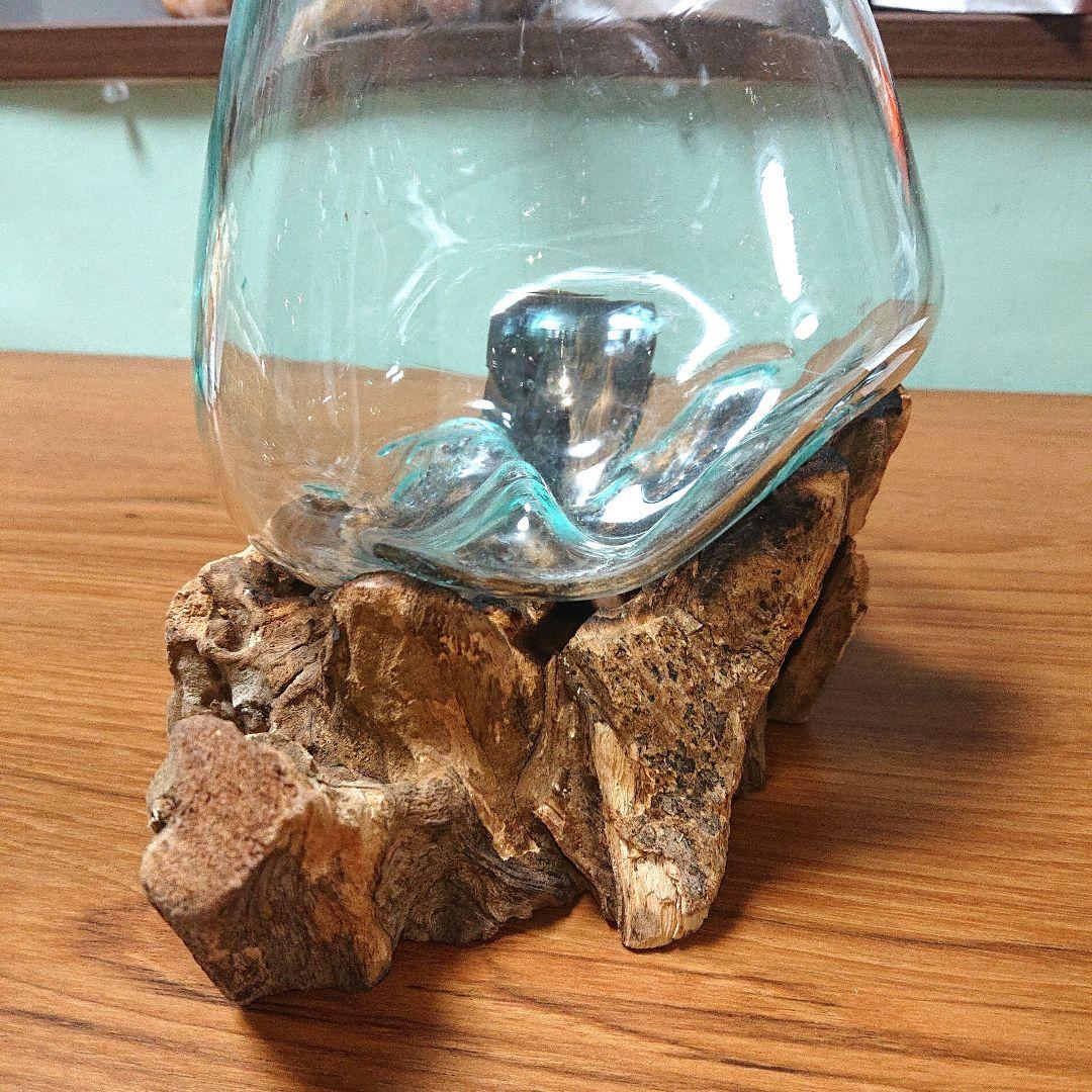 カフェ、喫茶店におすすめ！激レアハンドメイド花瓶ガラス木台セット金魚鉢水槽新品①