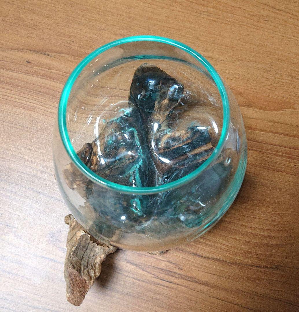 カフェ、喫茶店におすすめ！激レアハンドメイド花瓶ガラス木台セット金魚鉢水槽新品①