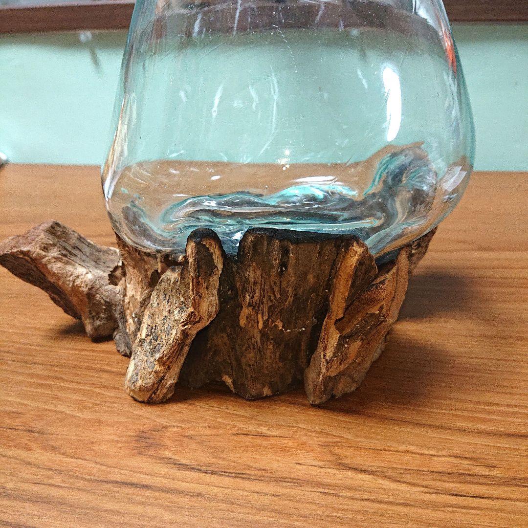 カフェ、喫茶店におすすめ！激レアハンドメイド花瓶ガラス木台セット金魚鉢水槽新品①
