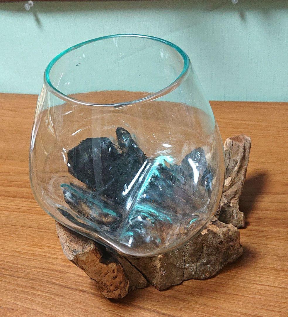 カフェ、喫茶店におすすめ！激レアハンドメイド花瓶ガラス木台セット金魚鉢水槽新品①