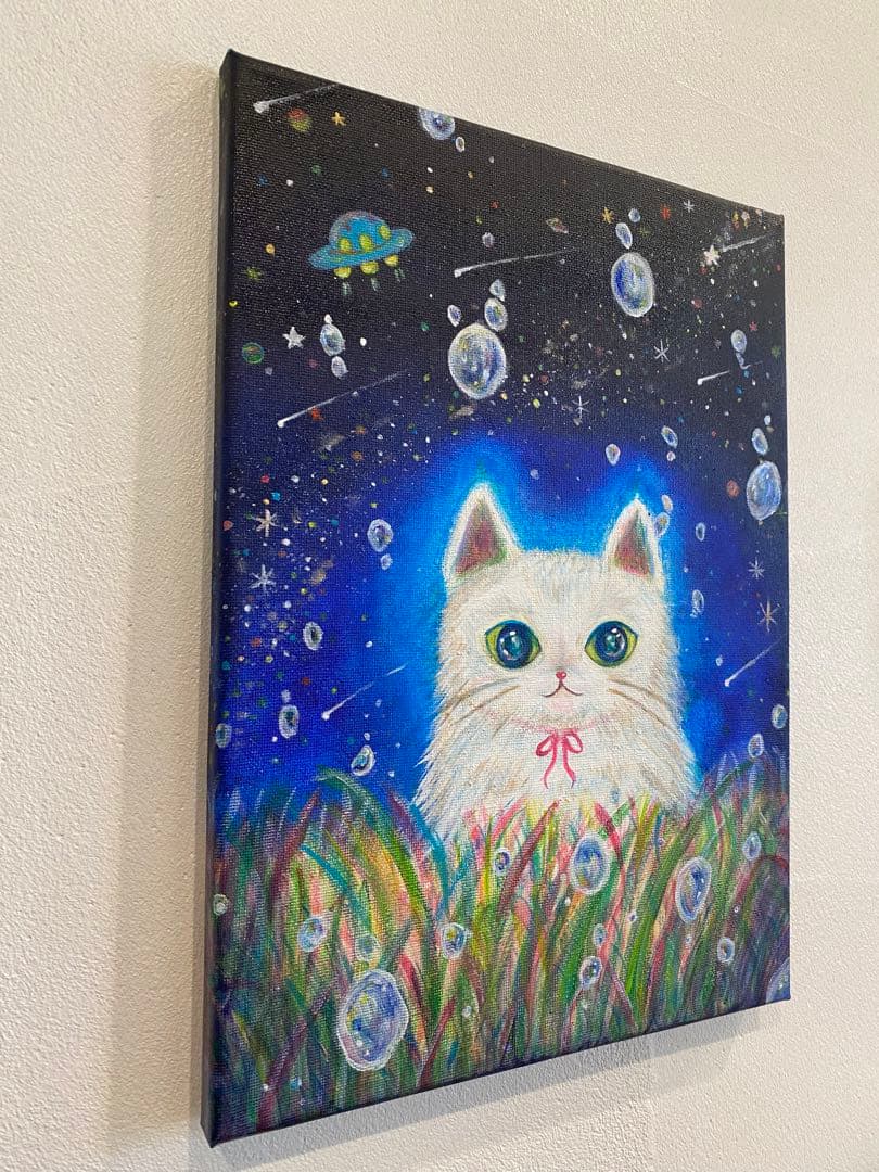 キャンバス　アクリル絵の具　宇宙ねこちゃん