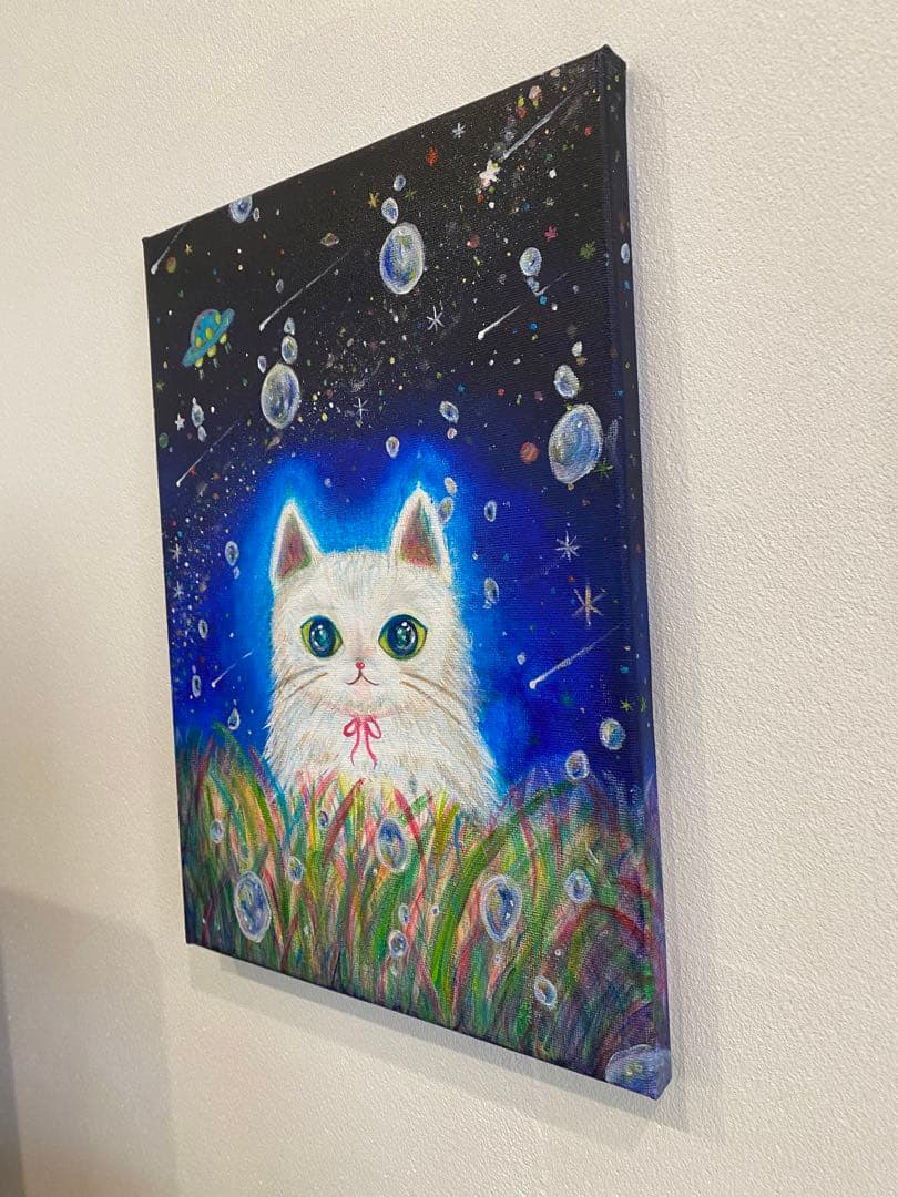 キャンバス　アクリル絵の具　宇宙ねこちゃん