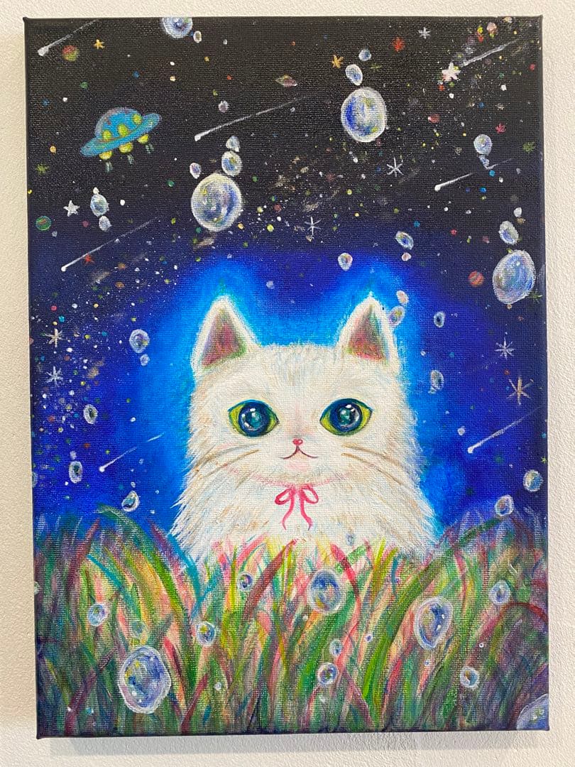 キャンバス　アクリル絵の具　宇宙ねこちゃん