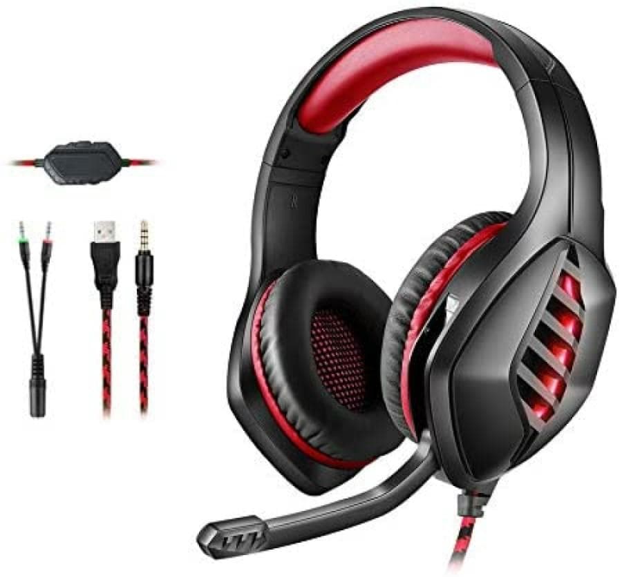 ゲーミングヘッドセット、PS4ヘッドフォン、マイク付き　イヤホン　レッド