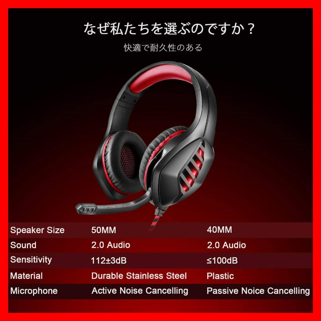 ゲーミングヘッドセット、PS4ヘッドフォン、マイク付き　イヤホン　レッド