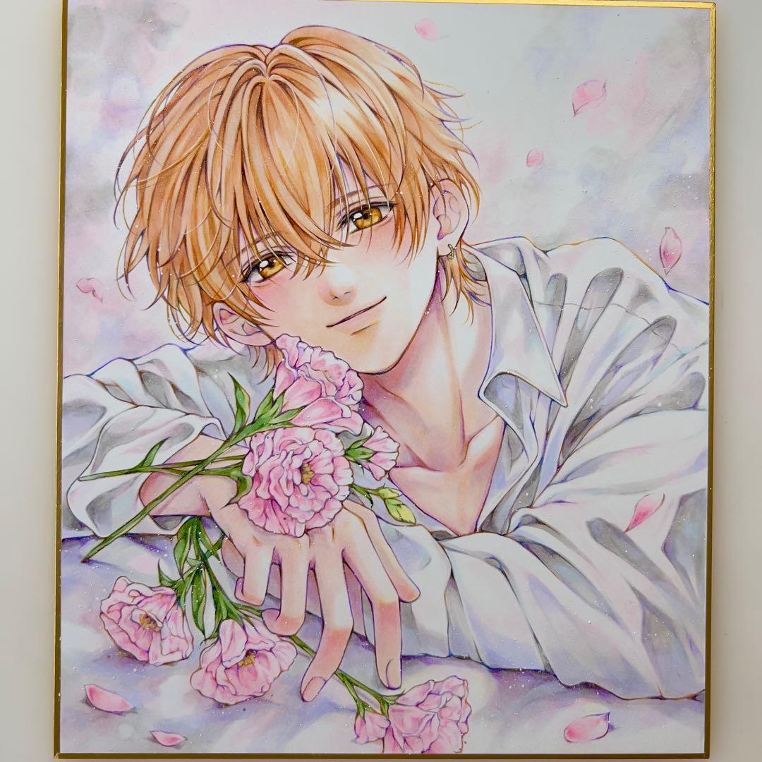 手描きイラスト＊男の子＊はちみつ色の眼差し＊春のトルコギキョウ＊コピック 中色紙