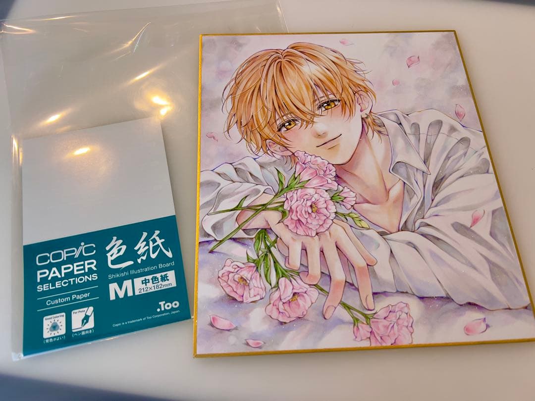 手描きイラスト＊男の子＊はちみつ色の眼差し＊春のトルコギキョウ＊コピック 中色紙