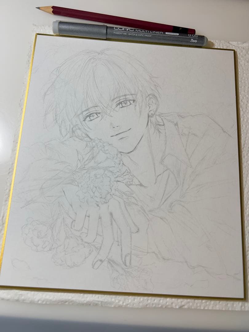 手描きイラスト＊男の子＊はちみつ色の眼差し＊春のトルコギキョウ＊コピック 中色紙