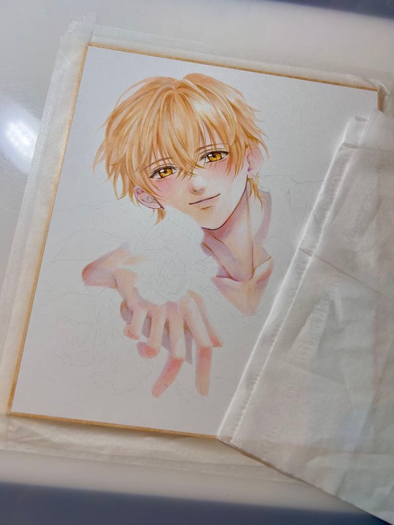 手描きイラスト＊男の子＊はちみつ色の眼差し＊春のトルコギキョウ＊コピック 中色紙