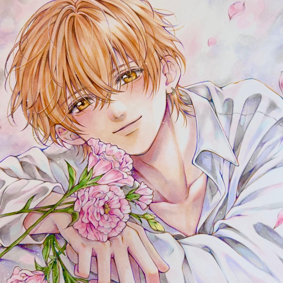 手描きイラスト＊男の子＊はちみつ色の眼差し＊春のトルコギキョウ＊コピック 中色紙