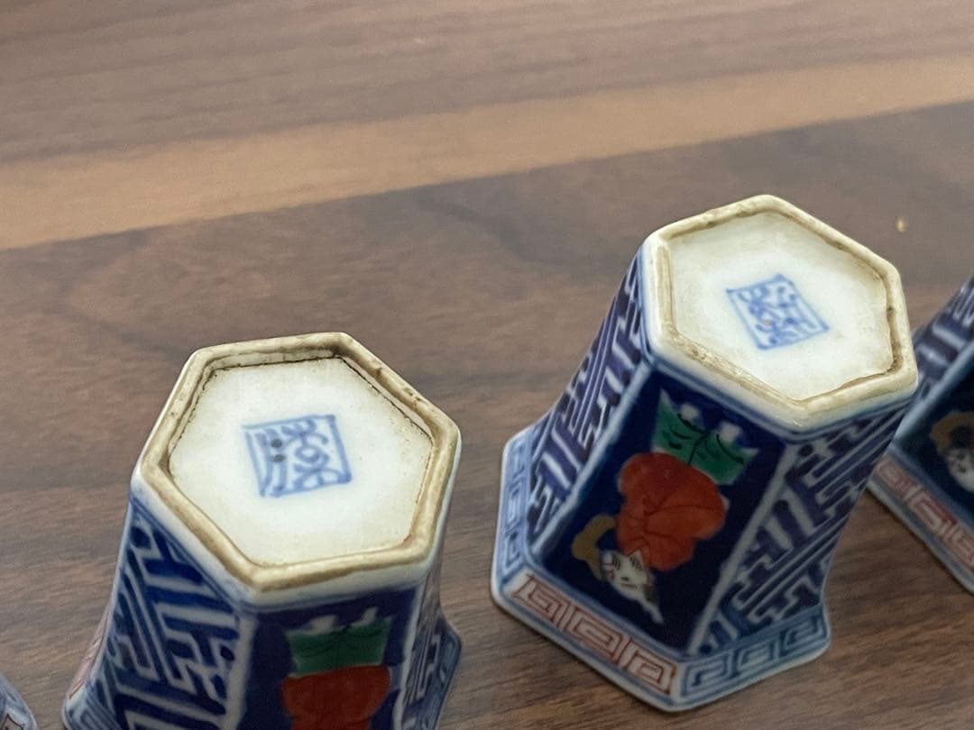 希少 古伊万里 色絵人物図 六角覗猪口 五客揃 時代物 骨董品 美品