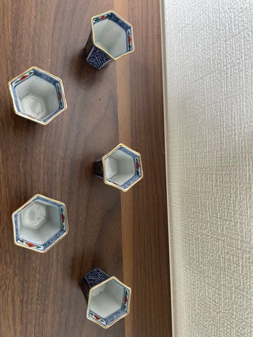 希少 古伊万里 色絵人物図 六角覗猪口 五客揃 時代物 骨董品 美品