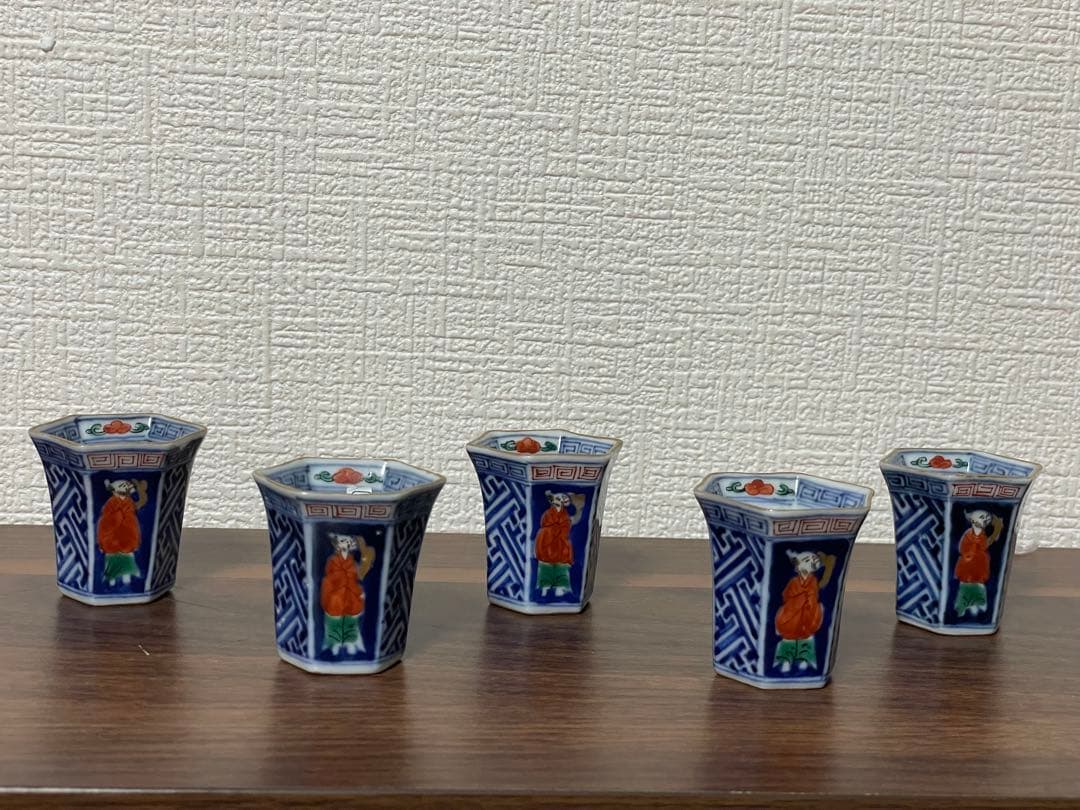 希少 古伊万里 色絵人物図 六角覗猪口 五客揃 時代物 骨董品 美品