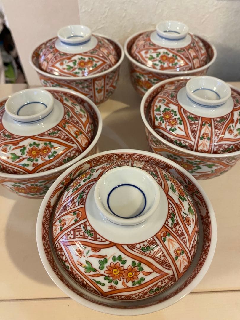 有田焼　喜峰窯　赤絵　蓋付碗　蓋付き丼　5客