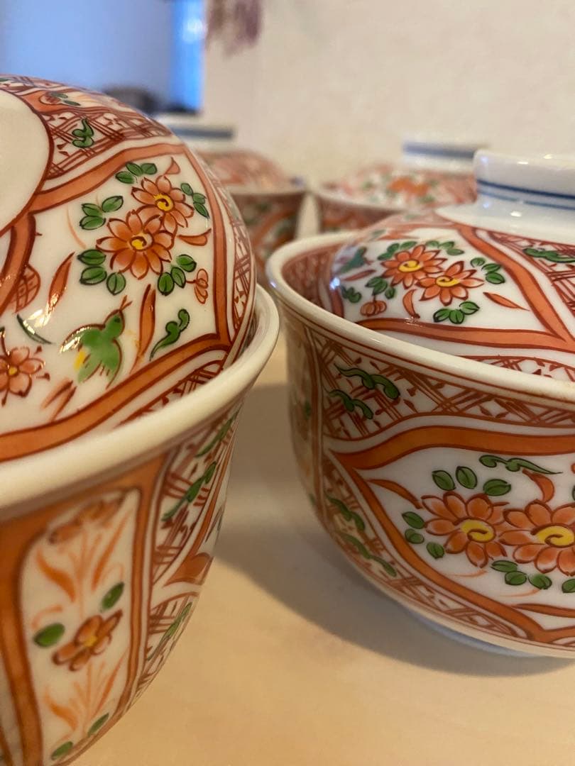 有田焼　喜峰窯　赤絵　蓋付碗　蓋付き丼　5客