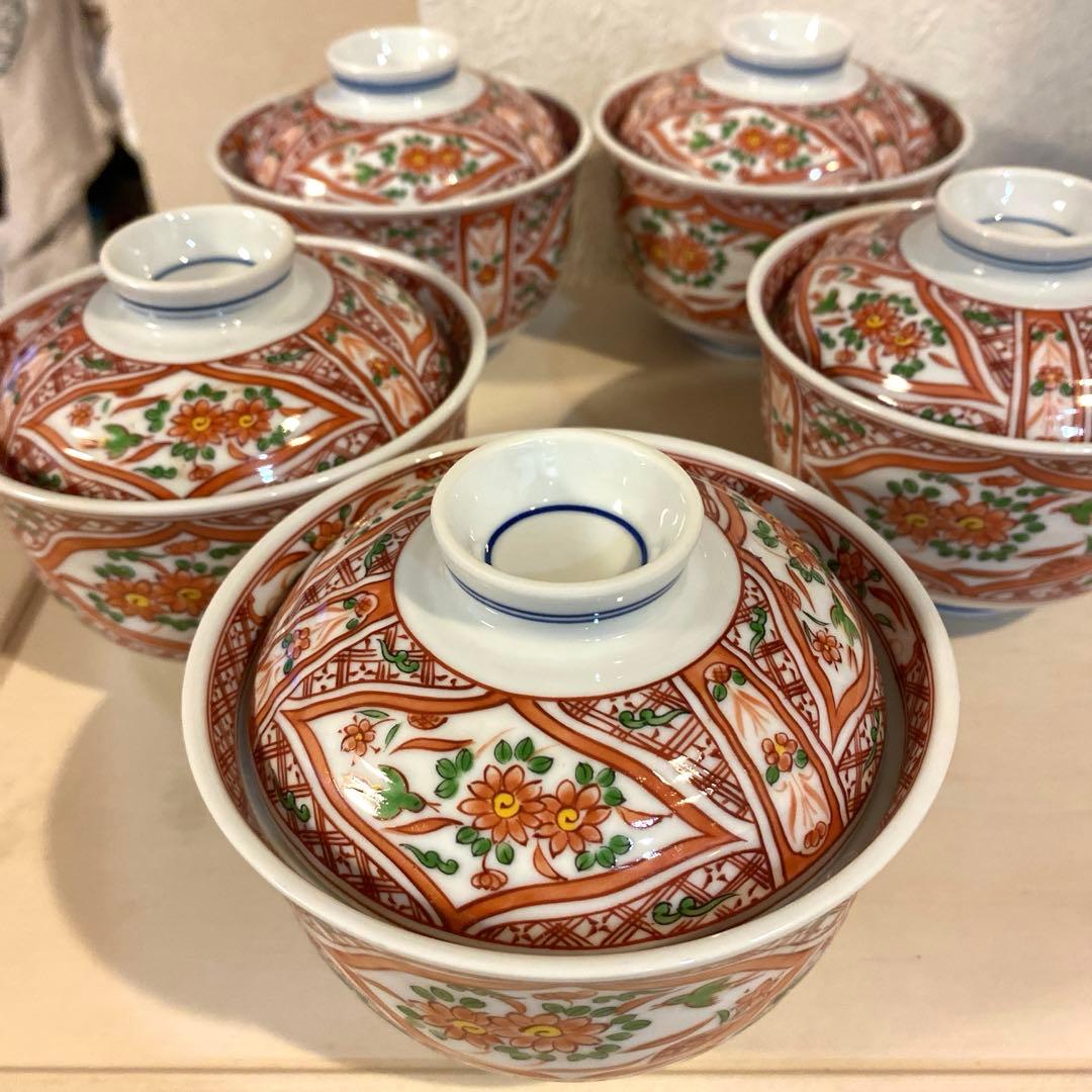 有田焼　喜峰窯　赤絵　蓋付碗　蓋付き丼　5客