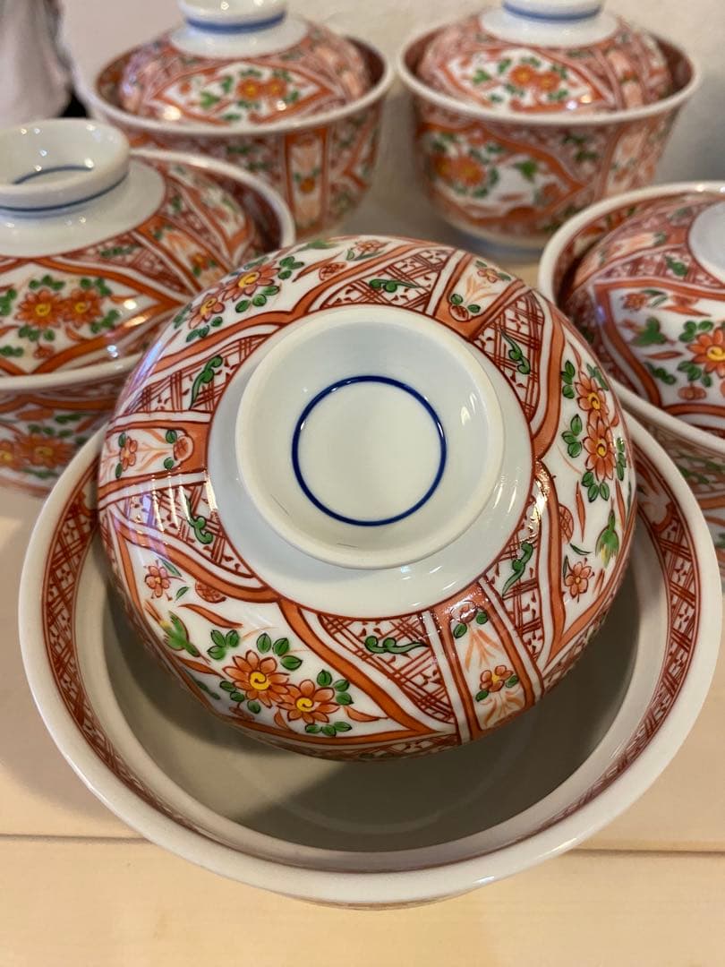 有田焼　喜峰窯　赤絵　蓋付碗　蓋付き丼　5客