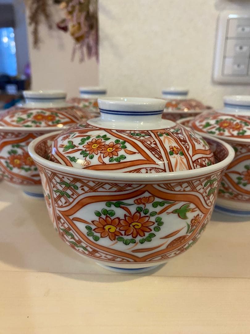 有田焼　喜峰窯　赤絵　蓋付碗　蓋付き丼　5客