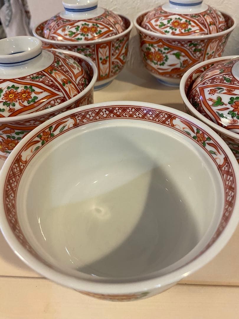 有田焼　喜峰窯　赤絵　蓋付碗　蓋付き丼　5客