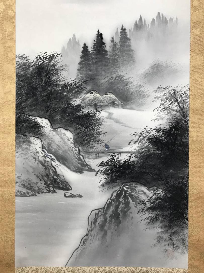 真作/桑原光風/山水漁夫図/山水図/釣人図/掛軸☆宝船☆AE-320