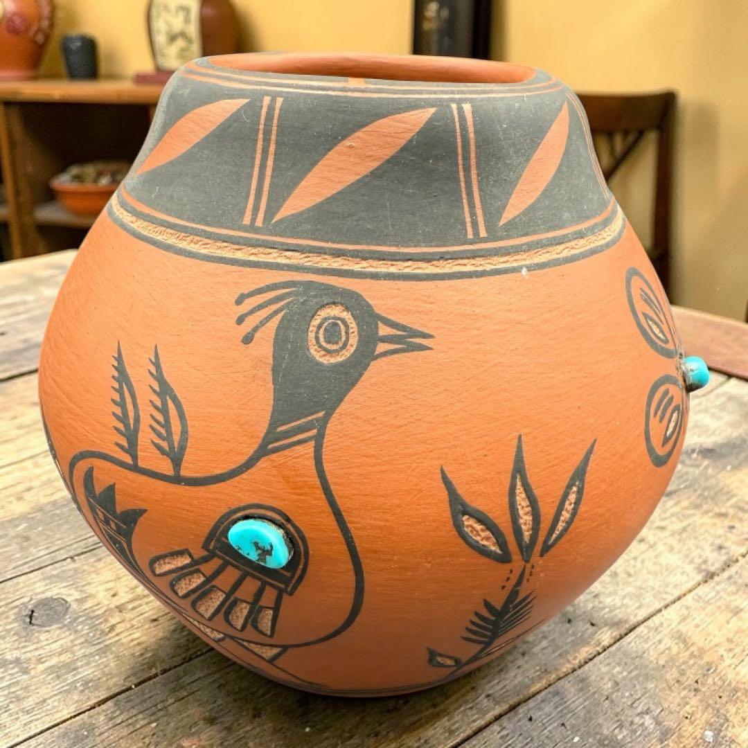 ネイティブアメリカン風 ポタリー 壺 ターコイズ装飾 サウスウエスト陶器