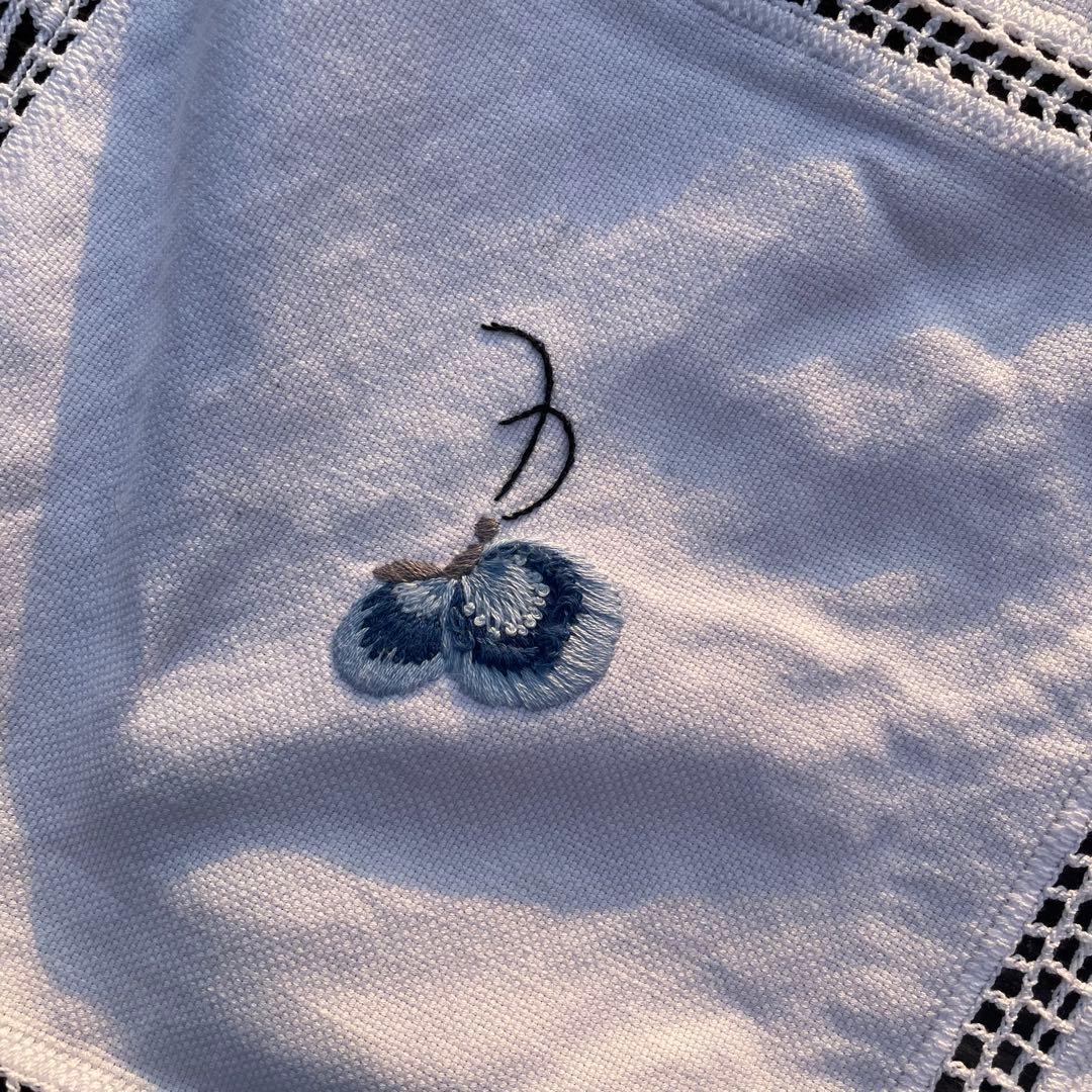 フランス　アンティーク　蝶々刺繍　テーブルクロス