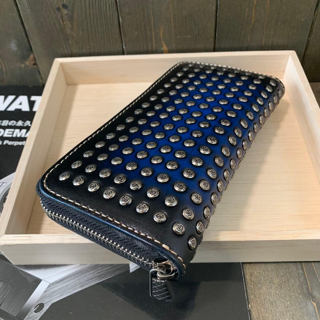 G41■手染め パティーヌ 薔薇スタッズ 財布■イタリアンレザー■青×黒×薔薇