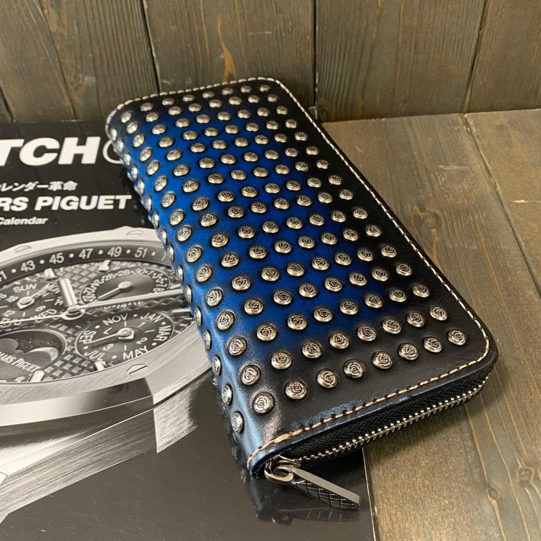 G41■手染め パティーヌ 薔薇スタッズ 財布■イタリアンレザー■青×黒×薔薇