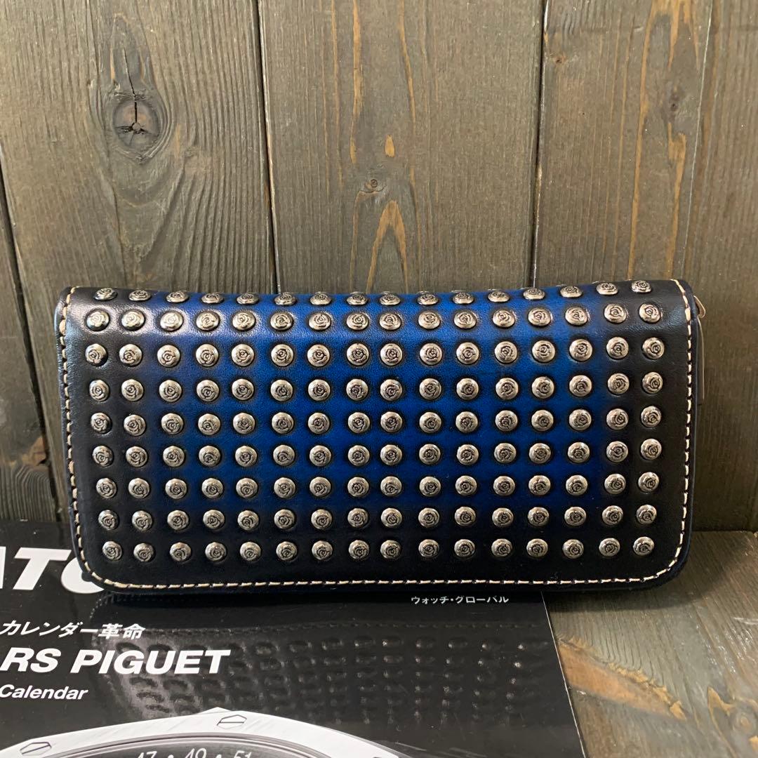 G41■手染め パティーヌ 薔薇スタッズ 財布■イタリアンレザー■青×黒×薔薇