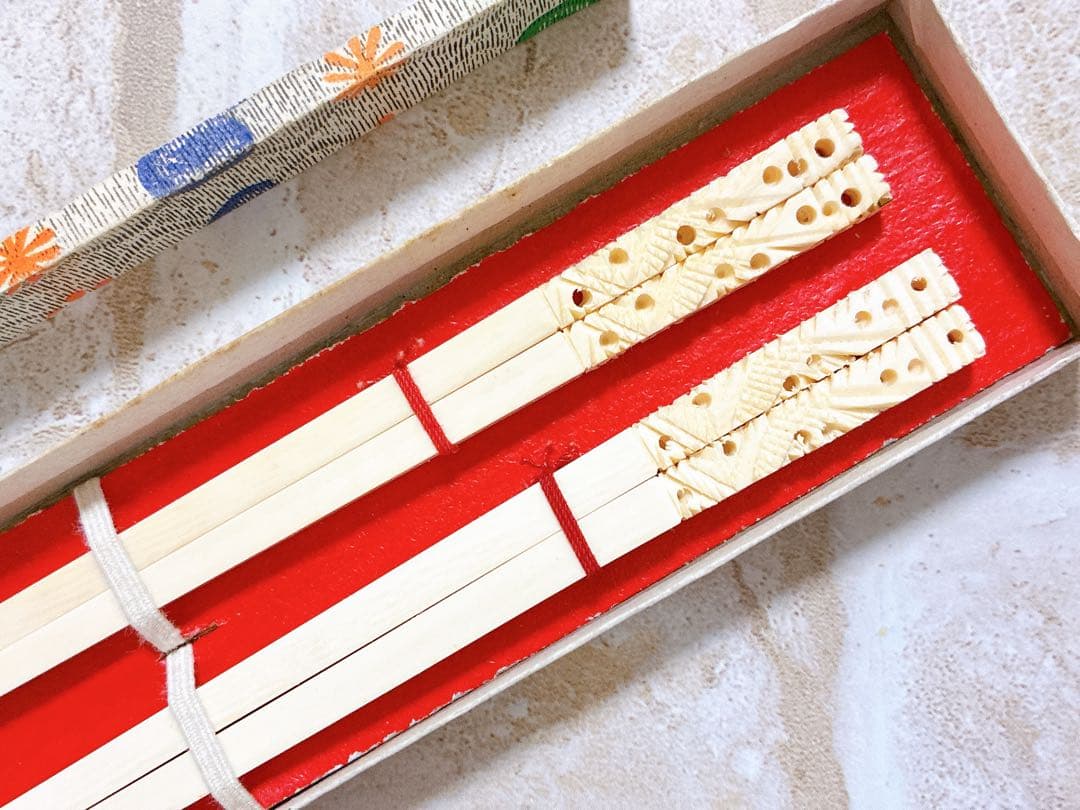 【未使用】象牙風　象牙調　箸　夫婦箸　ペア　2膳　ケースつき　レトロ