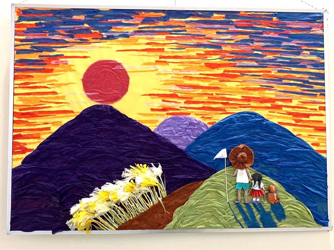 ちぎり絵　貼り絵　原画　お花紙　絵画　半立体　絵画　夕焼け　74×104×4cm